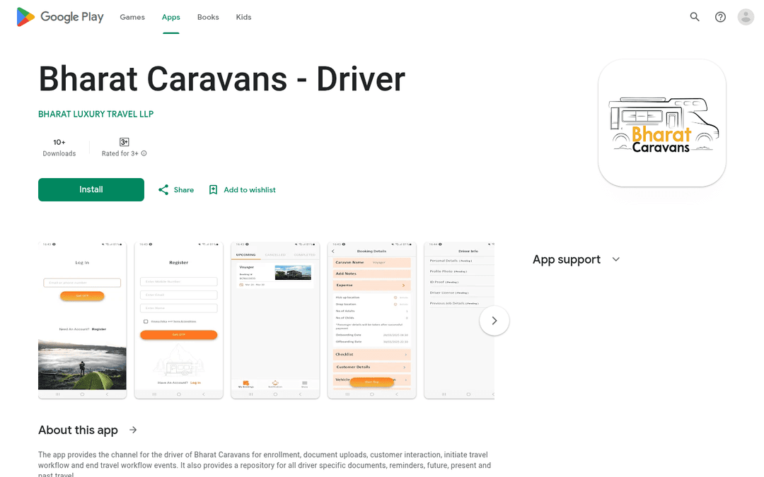 Bharat Caravans driver app listing snapshot